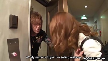 Attractive Japanese saleswoman gets gangbanged and creampied