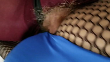 Back view fishnet tights blue leotard