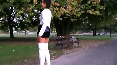 Bitch in tight leather miniskirt & boots exposes her ass & legs in public !