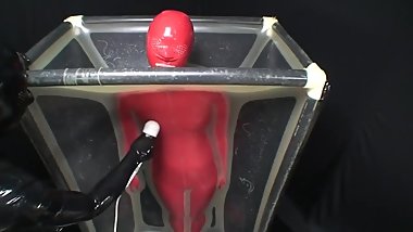 Japanese girl red latex vacbed bondage