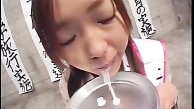 Asian teen eating cum from plate