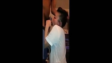 Asian chick getting trained how to suck big black cock