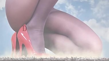 Japanese giantess in heels looming over city sfx