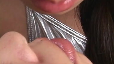 Beautiful Japanese girls kissing with light spitting