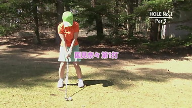 Golf whore gets teased and creamed by two guys