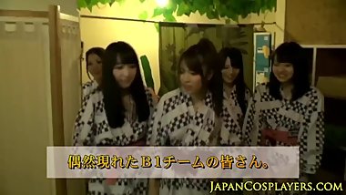 Busty asian jerking and cocksucking in group
