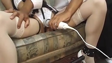 Oriental teen is given hitachi wand orgams